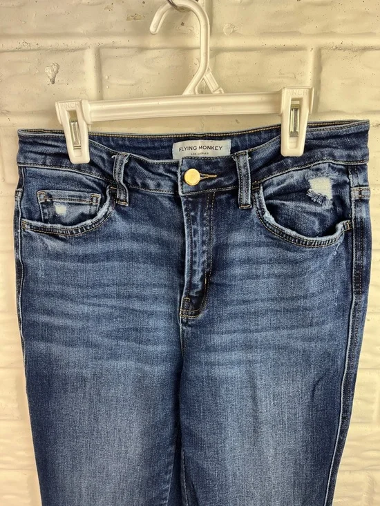 FLYING MONKEY HIGH RISE BOOT CUT DENIM BLUE JEANS RAW HEM DISTRESSED SZ 28 - Picture 3 of 14